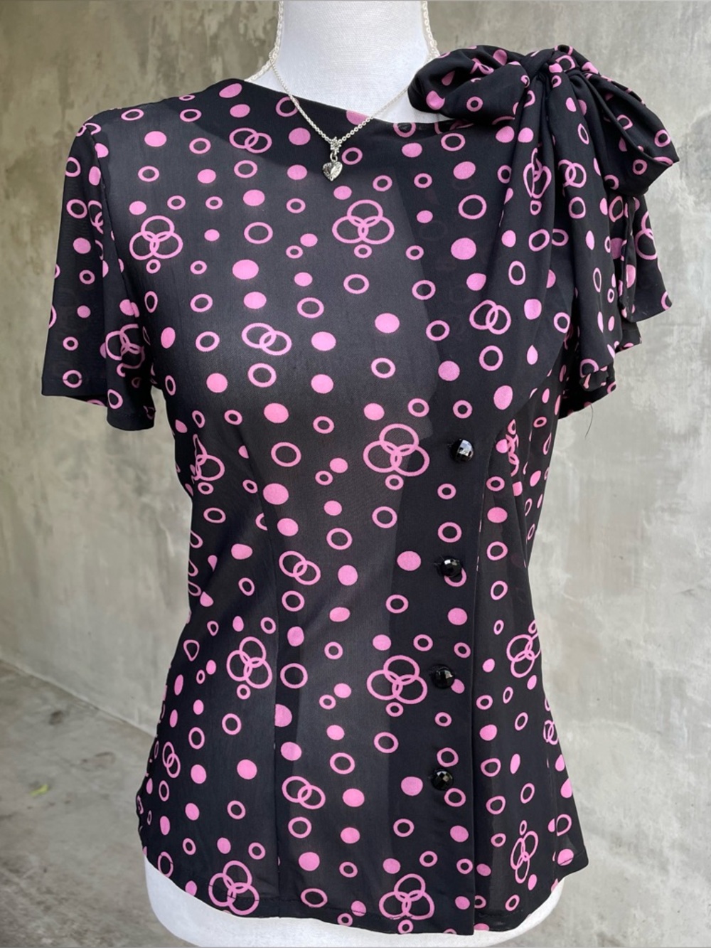 Bettie Page Sheer Black and Pink Polka Dot Pinup Top